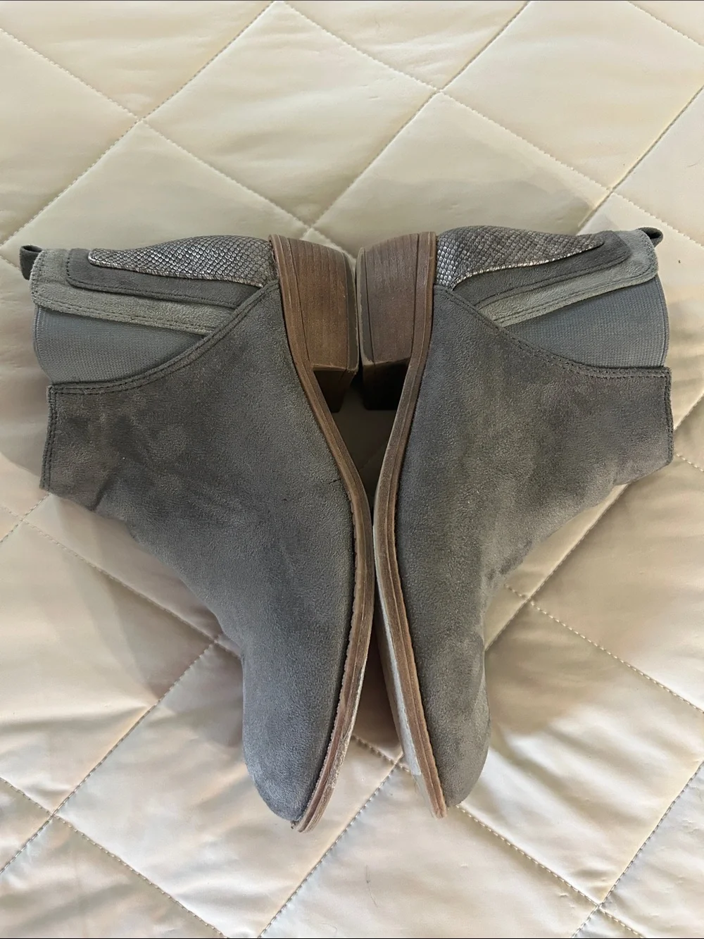 Grey Suede Chelsea Ankle Booties with Textured Heel